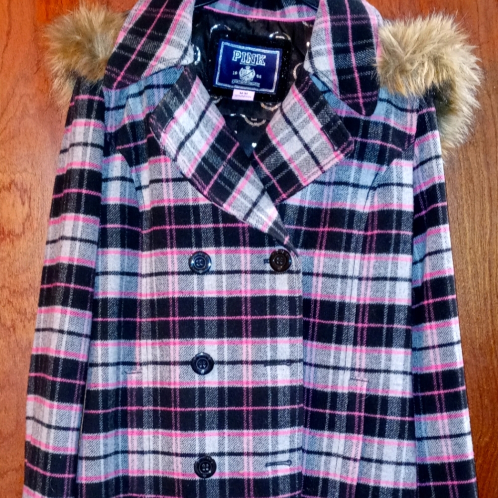 PINK PLAID COAT WITH FUR TRIM HOOD